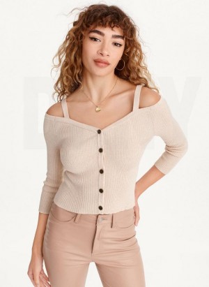 Beige DKNY Long Sleeve Cold Shoulder Women's Sweaters | USA-D1422