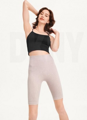 Beige DKNY Rib Knit Biker Women's Shorts | USA-D0799
