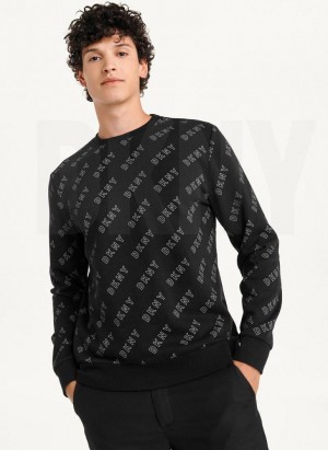 Black DKNY All Over Logo French Terrycrewneck Men's Sweatshirts | USA-D1135