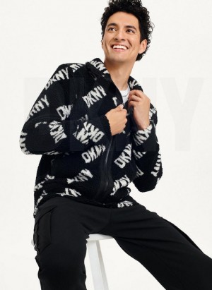 Black DKNY All Over Logo Sherpa Men's Jackets | USA-D0568