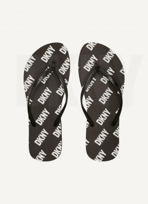 Black DKNY Allover Logo Men's Flip Flops | USA-D0763