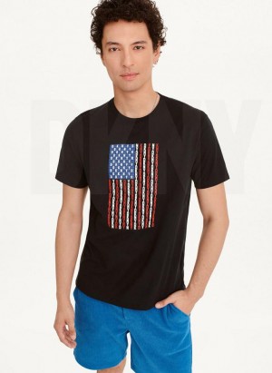 Black DKNY American Flag Logo Men's T Shirts | USA-D0107