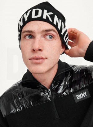 Black DKNY Brim Logo Men's Beanie | USA-D1982