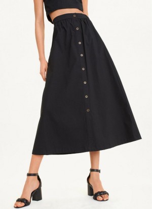 Black DKNY Button Front Poplin Women's Skirts | USA-D1442