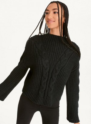 Black DKNY Cable Knit Women's Sweaters | USA-D0441