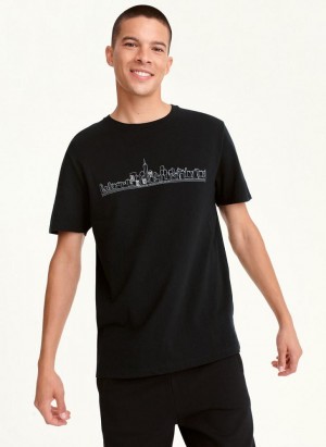 Black DKNY Cityscape Sketch Men's T Shirts | USA-D1716