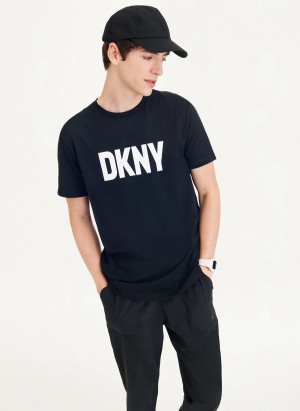 Black DKNY Clean Front Logo Men's T Shirts | USA-D1807