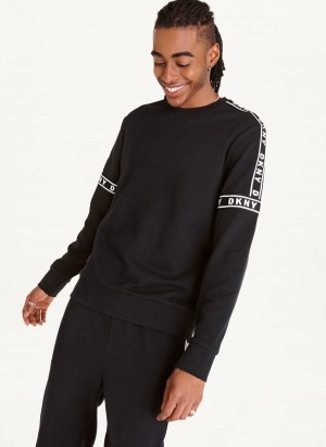 Black DKNY Cotton French Terry Hockey Crewneck Men's Sweatshirts | USA-D1318