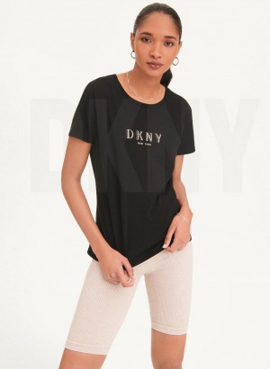 Black DKNY Crinkle Foil Spec Logo Women's T Shirts | USA-D0491