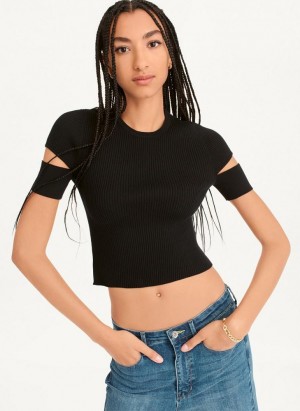 Black DKNY Cut Out Knit Women's T Shirts | USA-D0305