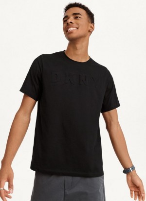 Black DKNY Debossed Logo Men's T Shirts | USA-D1770