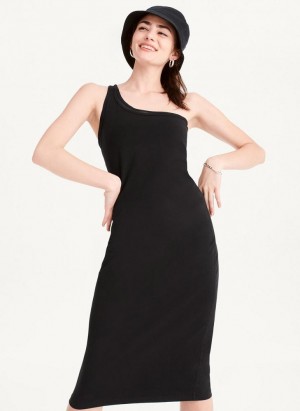 Black DKNY Double Layer One Shoulder Women's Dresses | USA-D1915