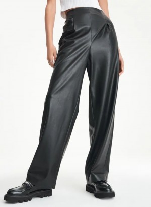 Black DKNY Elastic Rib Waist Faux Leather Women's Pants | USA-D1552