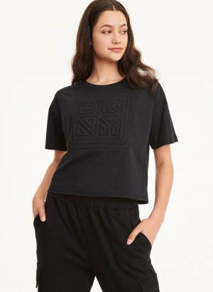 Black DKNY Embossed Logo Jersey Women's T Shirts | USA-D0451