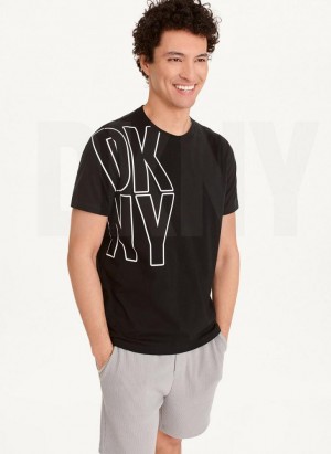 Black DKNY Exploded Logo Outline Men's T Shirts | USA-D0410