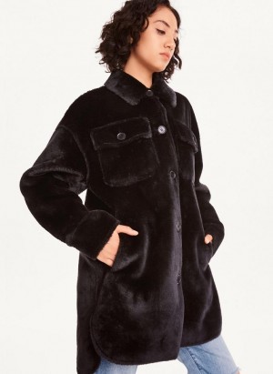 Black DKNY Faux Fur Shacket Women's Jackets | USA-D1081