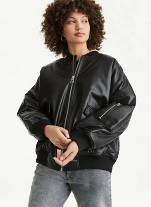 Black DKNY Faux Leather Oversized Bomber Women's Jackets | USA-D0130
