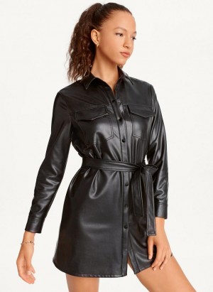 Black DKNY Faux Leather Women's Dresses | USA-D1336