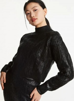 Black DKNY Foil Cropped Women's Sweaters | USA-D0123