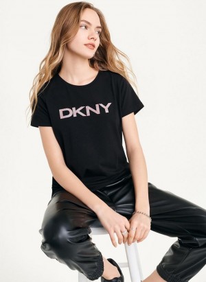 Black DKNY Glitter Logo Women's T Shirts | USA-D1886