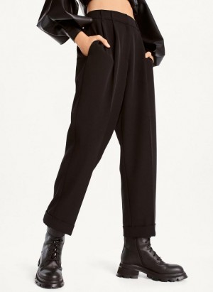 Black DKNY High Rise Pleat Rolled Cuff Women's Pants | USA-D1466