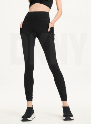 Black DKNY High Waist With Ruched Details Women's Leggings | USA-D1006