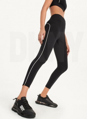 Black DKNY High Waisted with Logo Piping Women's Leggings | USA-D1295