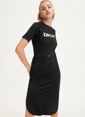 Black DKNY Logo Drawstring Waist Women's Dresses | USA-D0473