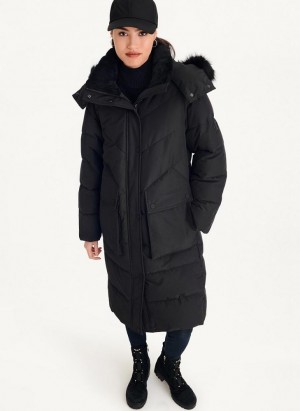 Black DKNY Long Puffer With Faux Fur Hood Women's Coats | USA-D0800