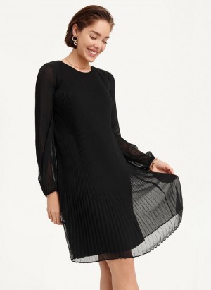 Black DKNY Long Sleeve Pleated A Line Women's Dresses | USA-D1013