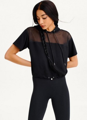 Black DKNY Mesh Blocked Short Sleeve Women's Hoodies | USA-D0551