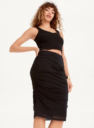 Black DKNY Mesh Side Ruch Midi Women's Skirts | USA-D0591