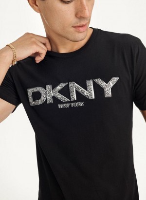 Black DKNY Metallic Puff Logo Men's T Shirts | USA-D0353