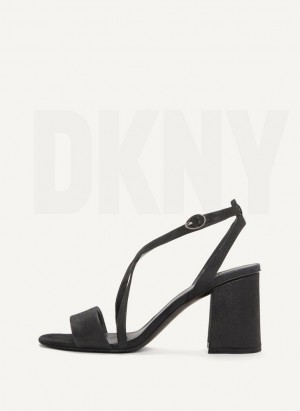 Black DKNY Metallic Snake Strappy Block Shoes Heels | USA-D1512