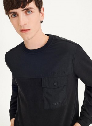 Black DKNY Mixed Media Pocket Long Sleeve Knit Men's T Shirts | USA-D0711