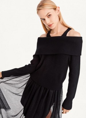 Black DKNY Off Shoulder Tank Women's Sweaters | USA-D1810