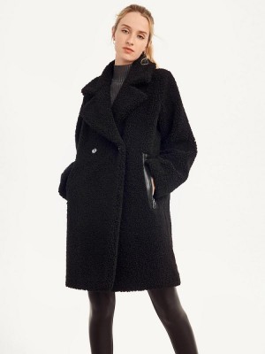 Black DKNY Oversized Long Sherpa Women's Coats | USA-D0255