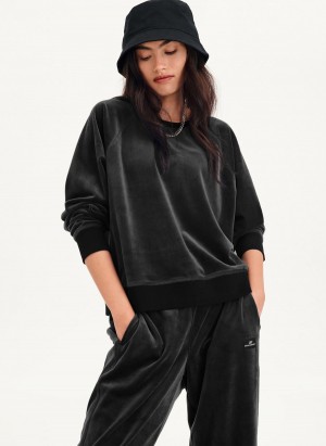 Black DKNY Platinum Velour Pullover Women's Sweatshirts | USA-D0201
