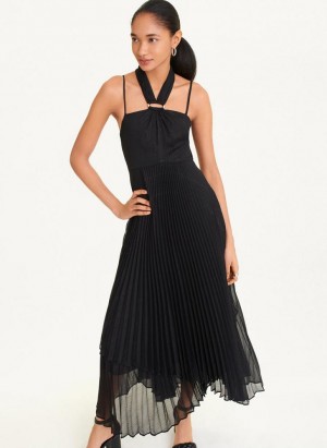 Black DKNY Pleated Halter With Lurex Women's Dresses | USA-D0295