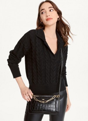 Black DKNY Polo Cable knit Women's Sweaters | USA-D0117