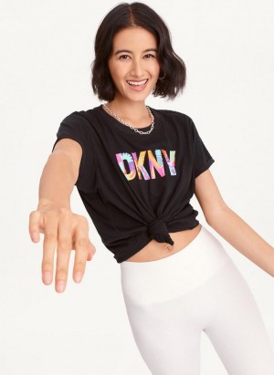 Black DKNY Pride Logo Knot Front Women's T Shirts | USA-D0372
