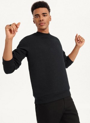 Black DKNY Quilted Knit Allover Logo Crewneck Men's Sweatshirts | USA-D1812
