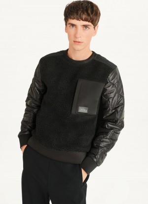 Black DKNY Quilted Sleeve Crew Neck Men's Sweatshirts | USA-D1599