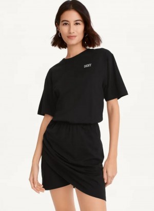 Black DKNY Rhinestone Logo T-Shirt Women's Dresses | USA-D0213