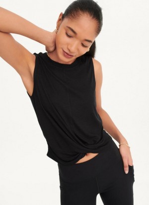 Black DKNY Rib Twist Front Women's Tank Tops | USA-D0565