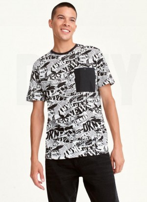 Black DKNY SHREDDED NEWSPAPER Men's T Shirts | USA-D0459