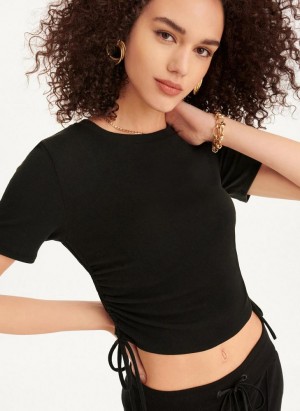 Black DKNY Short Sleeve Side Ruched Women's T Shirts | USA-D0952