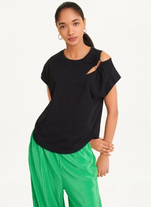 Black DKNY Shoulder Cut Out Women's T Shirts | USA-D0416