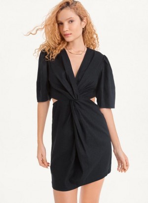 Black DKNY Side Cut Linen Mini Women's Dresses | USA-D1170