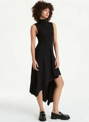 Black DKNY Sleeveless Asymmetrical Rib Hacci Midi Women's Dresses | USA-D0605